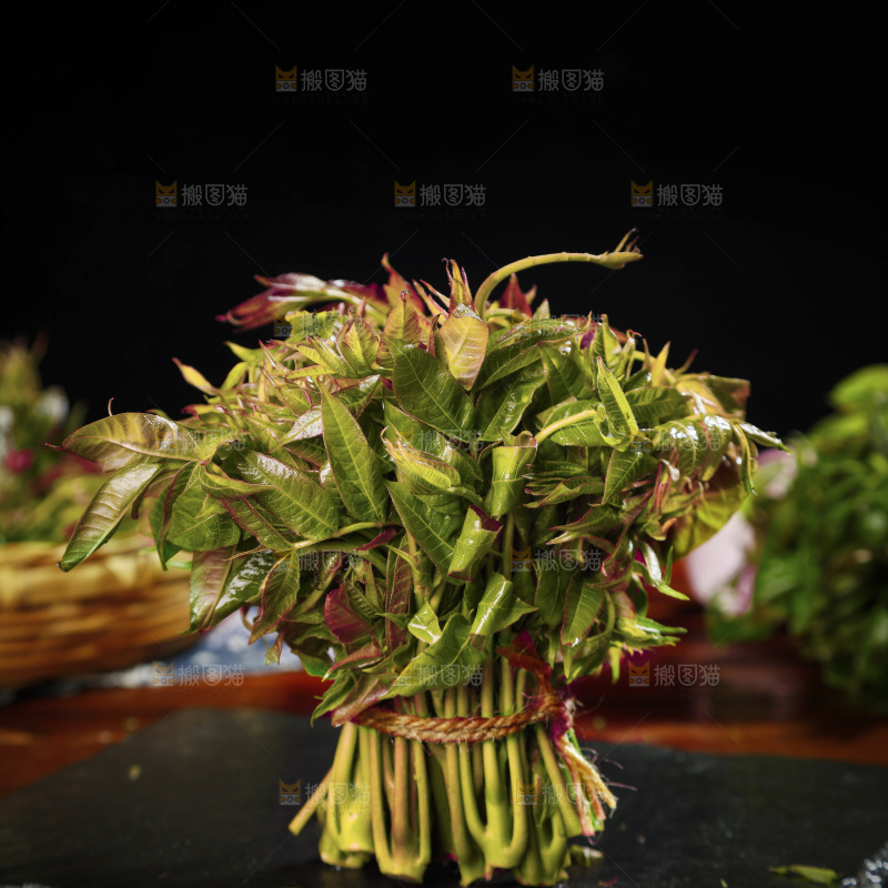 黑石底上摆放着香椿芽