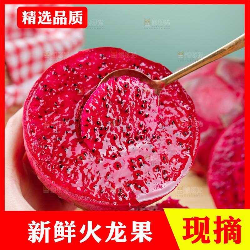 勺子是舀着红心火龙果果肉