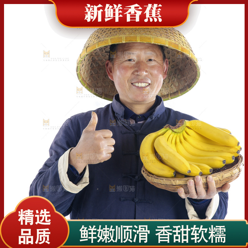 农民手里端着一篮新鲜香蕉