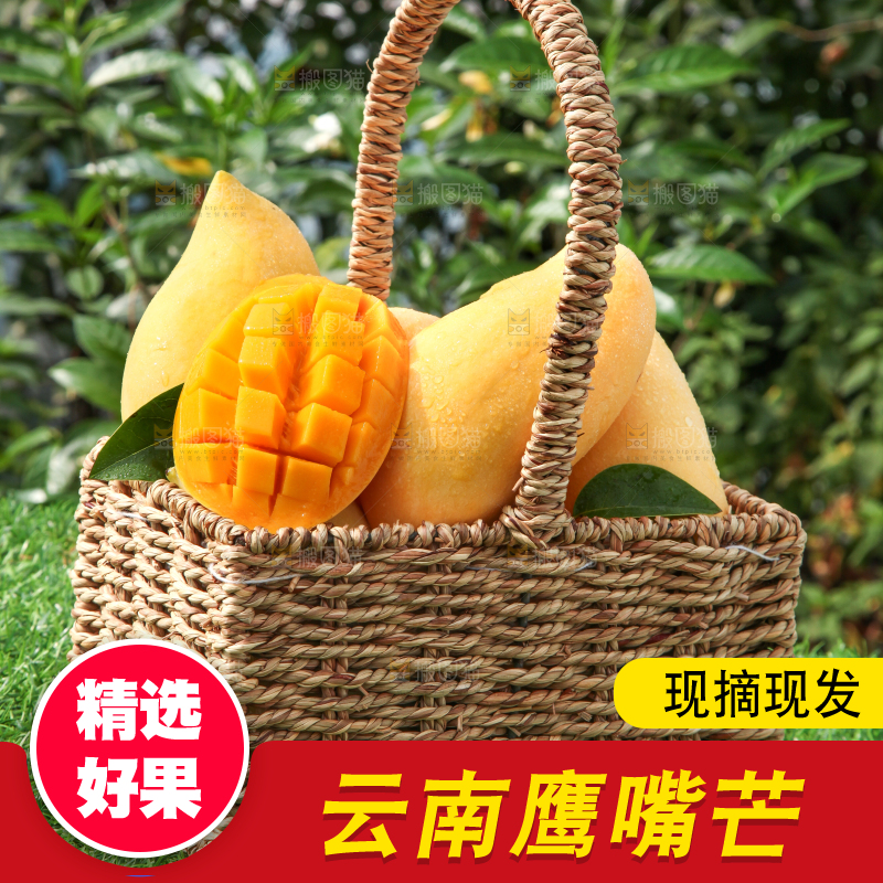 绿草地上放着一篮鹰嘴芒果