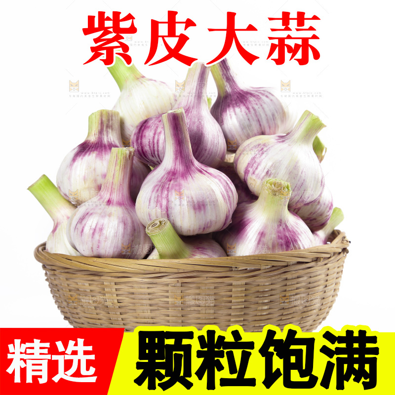 白底上放着一篮新鲜大蒜