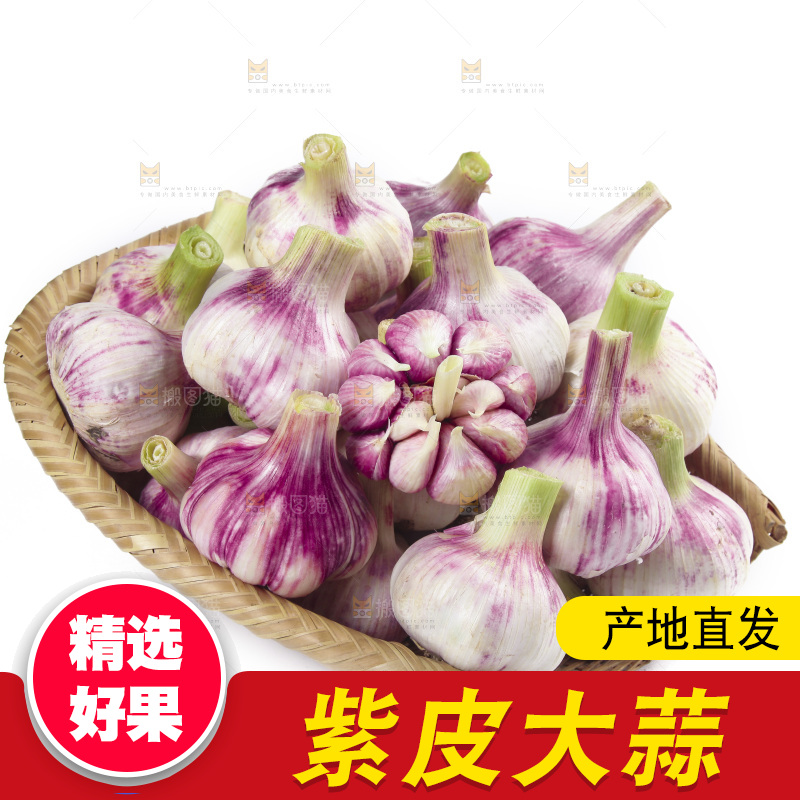 白底上放着一篮新鲜大蒜