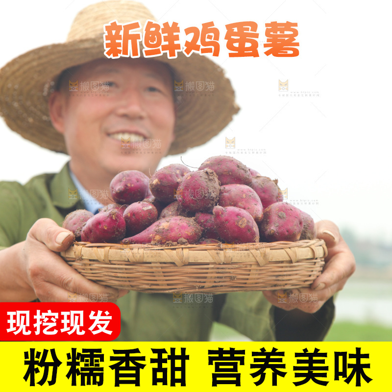 手里端着一篮新鲜鸡蛋薯