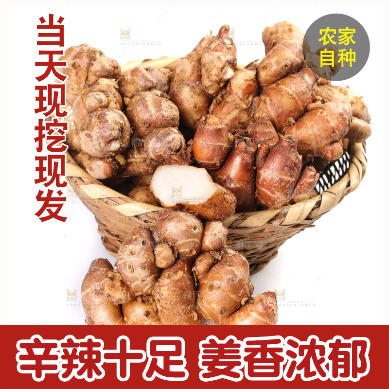 白底上放着一篮新鲜沙姜