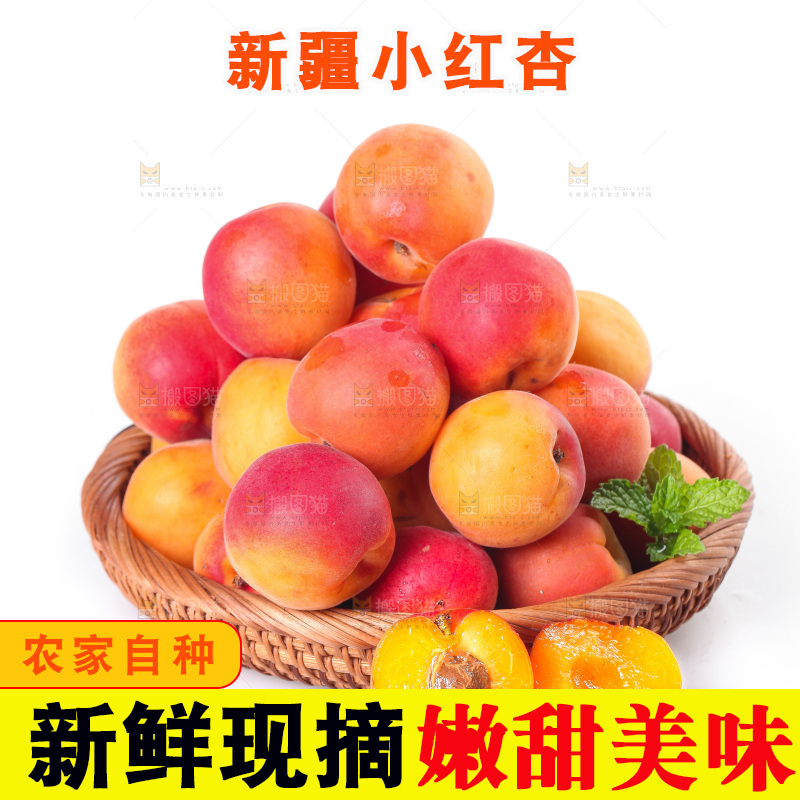 白底上摆放着一篮贵妃杏