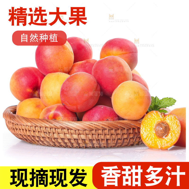 白底上摆放着一篮贵妃杏