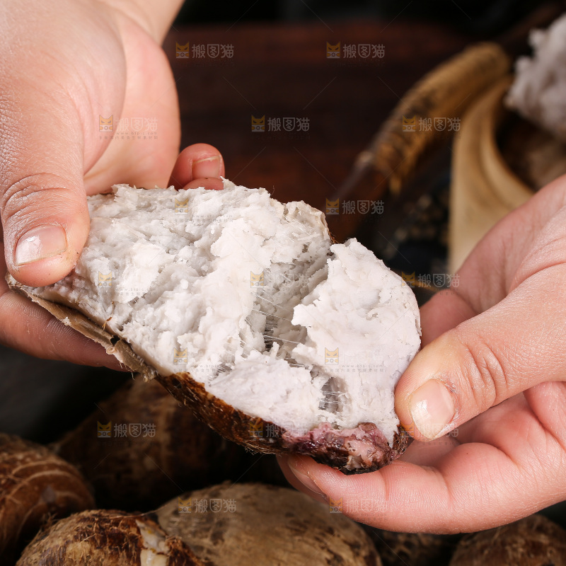 手里拿着红芽小芋头