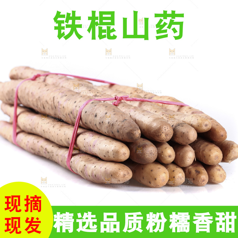 白底上的新鲜铁棍山药