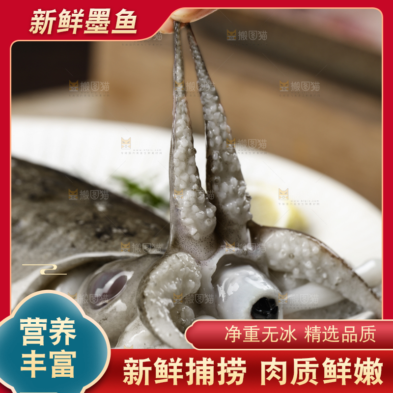 木板上放着一盘北海墨鱼