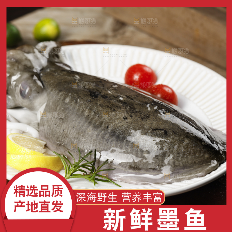 木板上放着一盘北海墨鱼