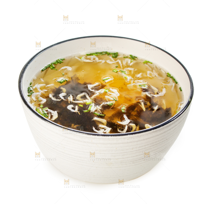 白底上放着一碗紫菜虾米汤