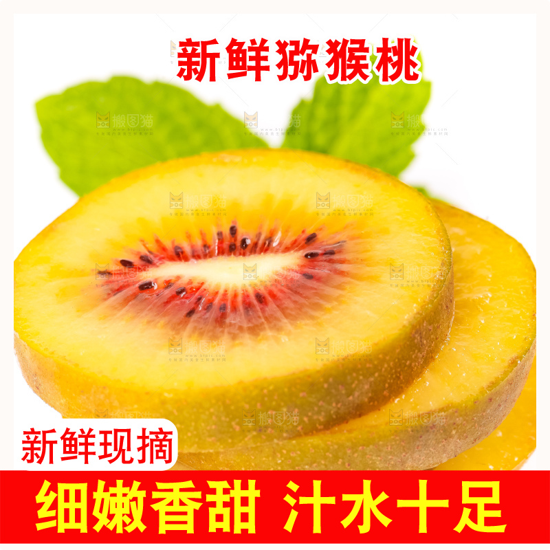 白底上切片的红心猕猴桃