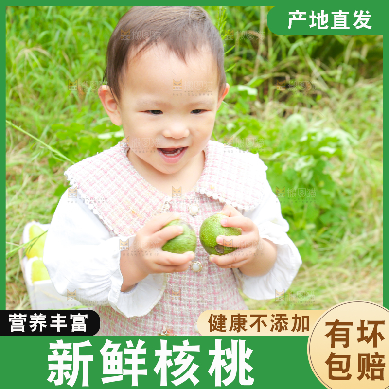 小孩手里拿着青核桃