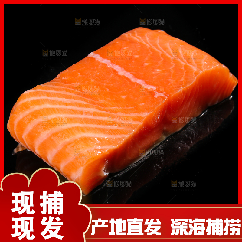 黑底上放着一块三文鱼