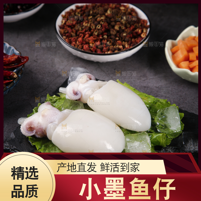 黑石板上的鲜冻墨鱼仔