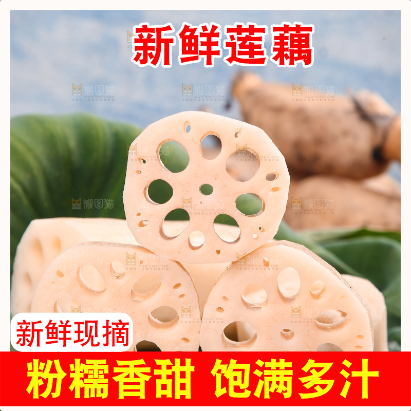 荷叶上切块的洪湖莲藕