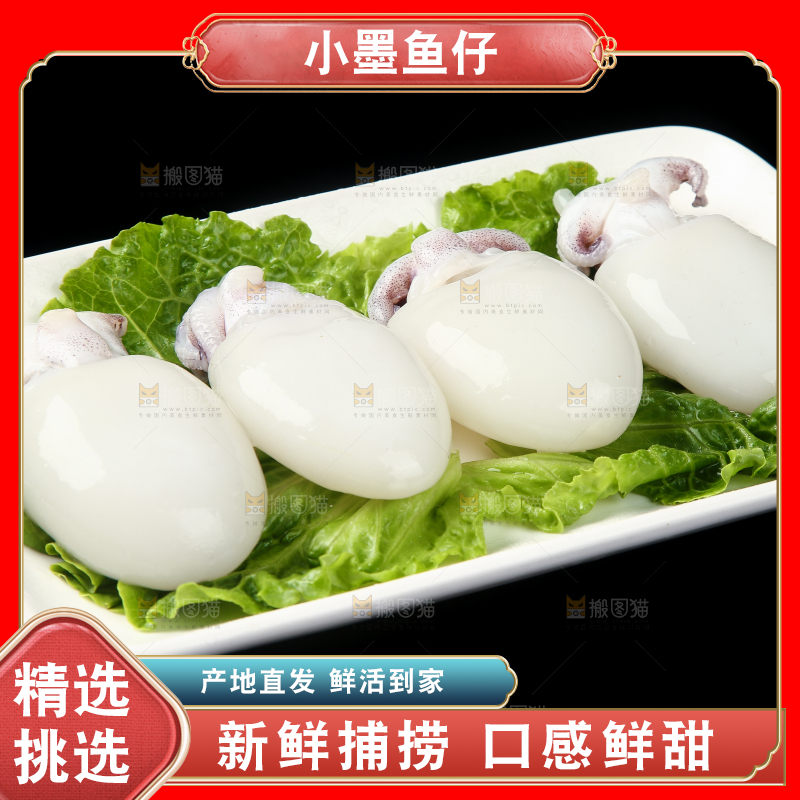 黑底上放着一盘新鲜墨鱼仔
