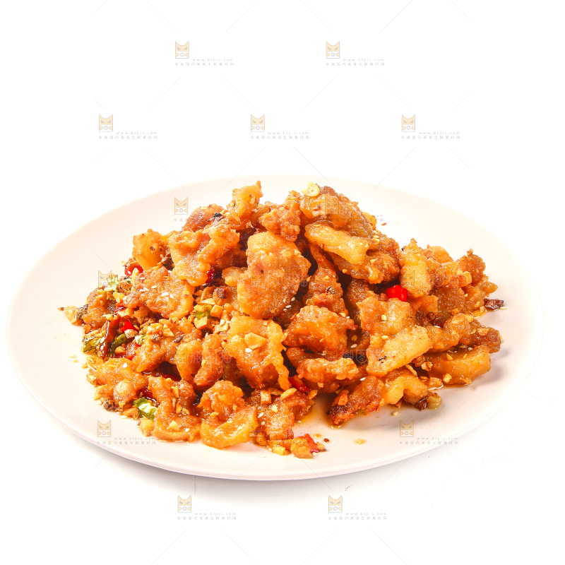 一盘蒜香辣子五花肉摆在白底上