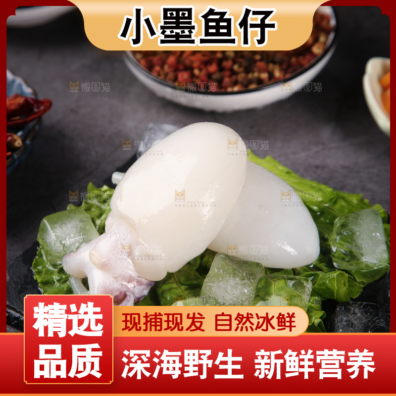黑石板上的鲜冻墨鱼仔