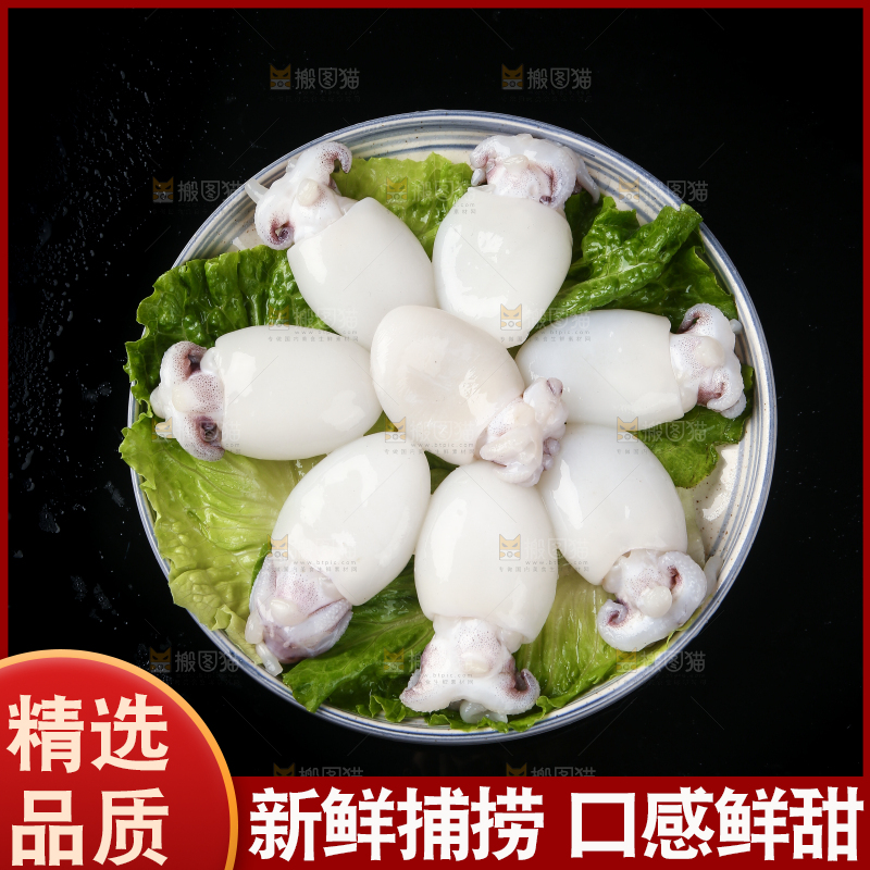 黑底上放着一盘新鲜墨鱼仔