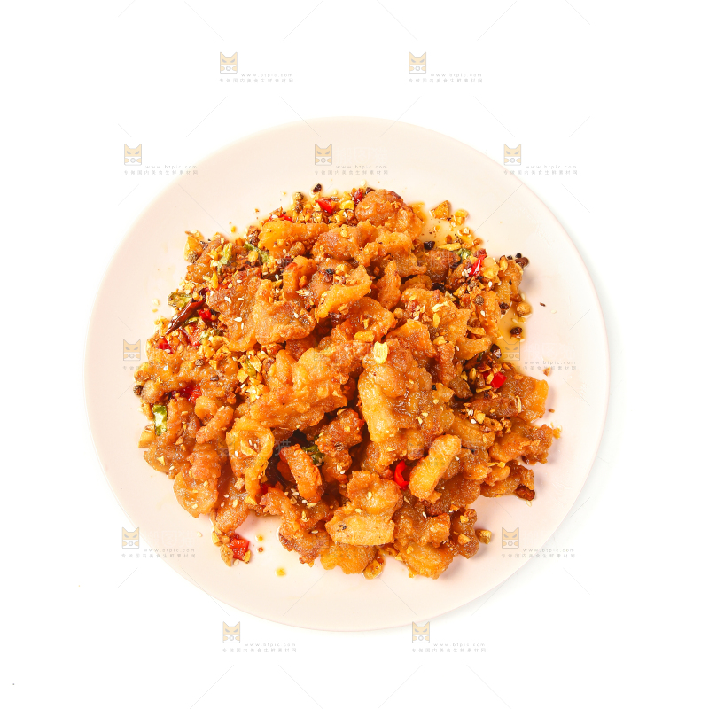 一盘蒜香辣子五花肉摆在白底上