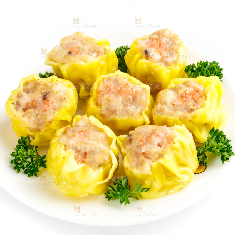 白底上的虾肉烧卖