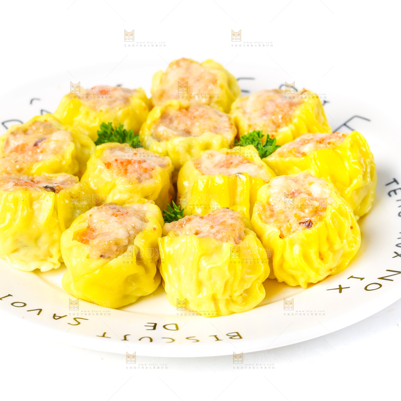 白底上的虾肉烧卖