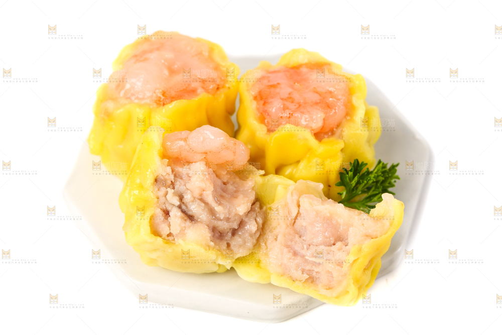 白底上的虾肉烧卖