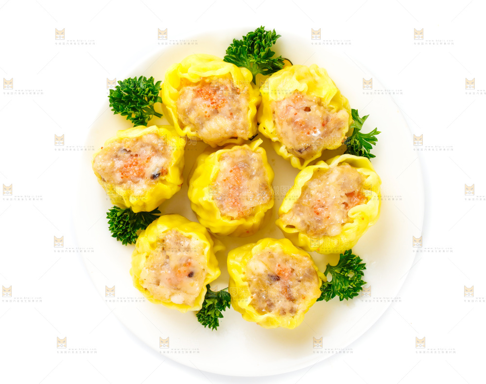 白底上的虾肉烧卖