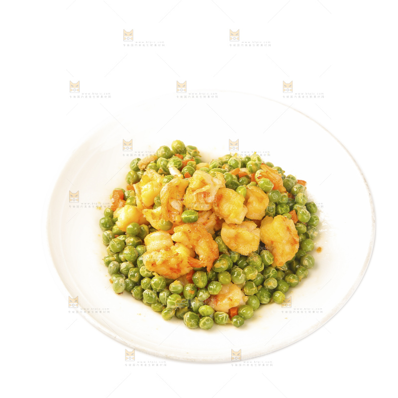 盘子里的豌豆炒虾仁