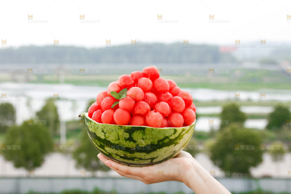 手里拿着红瓤西瓜