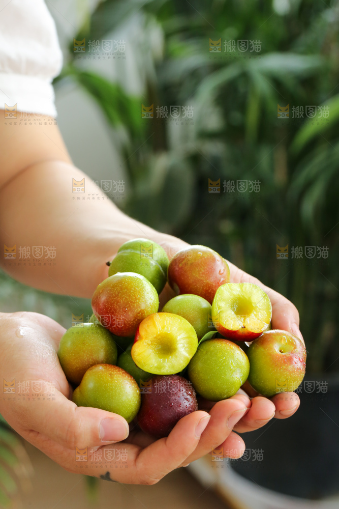 手里拿着半边红李子