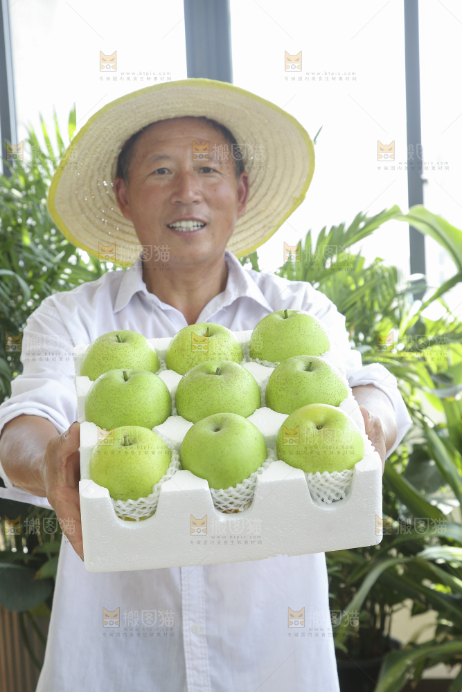 手里拿着一盒青皇冠梨