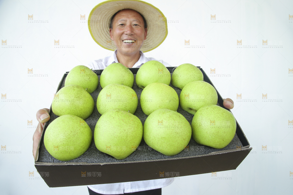 手里拿着一盒青皇冠梨