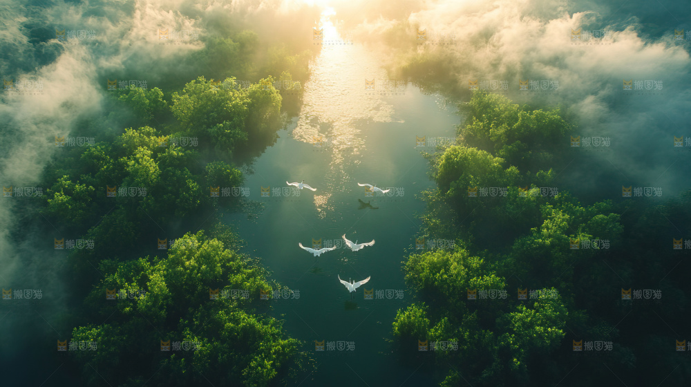 飞鸟湿地栖息鸟类生态水域风景