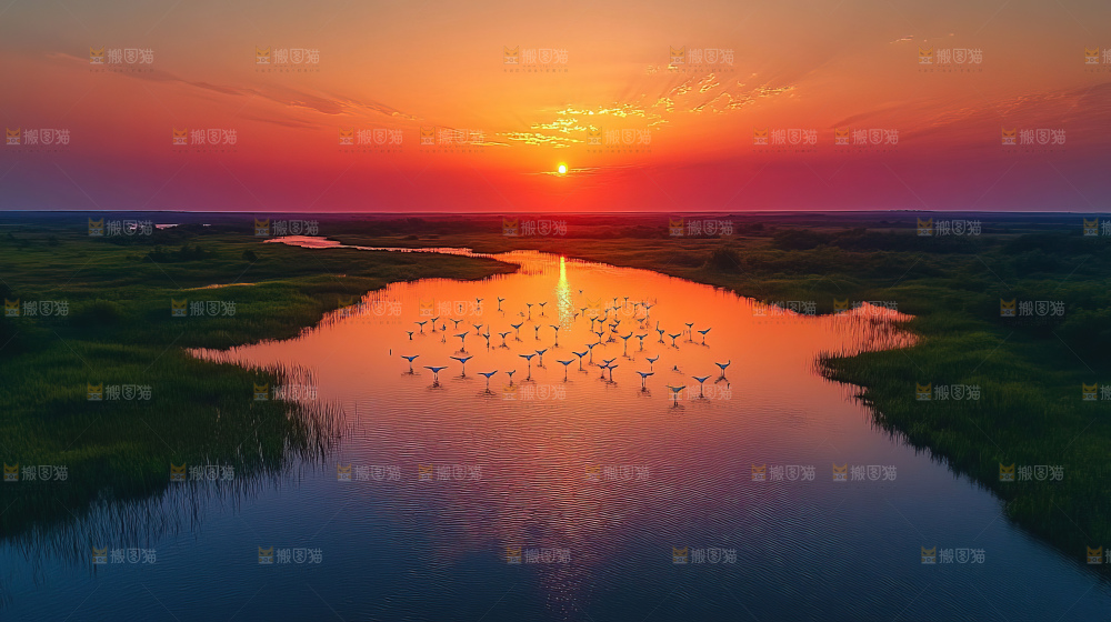 飞鸟湿地栖息鸟类生态水域风景