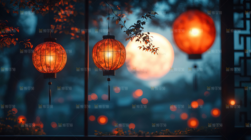 中秋素材团圆花灯月饼荷花灯赏月