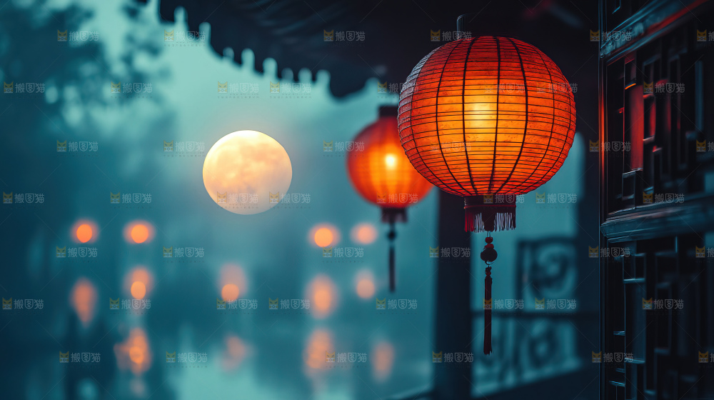 中秋素材团圆花灯月饼荷花灯赏月