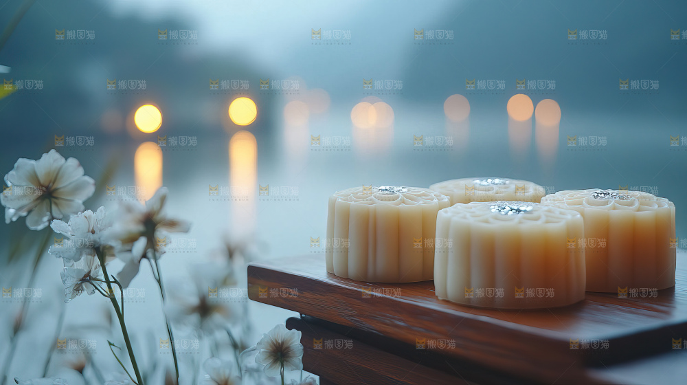 中秋素材团圆花灯月饼荷花灯赏月
