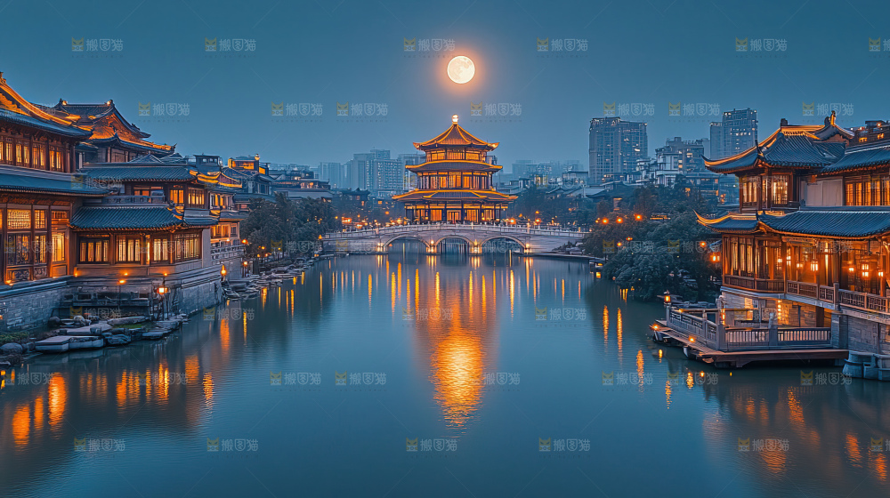 中秋素材团圆花灯月饼荷花灯赏月
