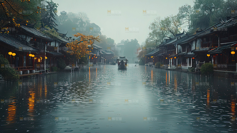 水乡乌篷船建筑江南大美中国宁静静谧