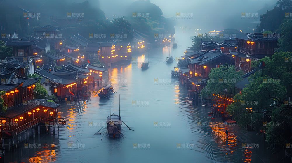 水乡乌篷船建筑江南大美中国宁静静谧