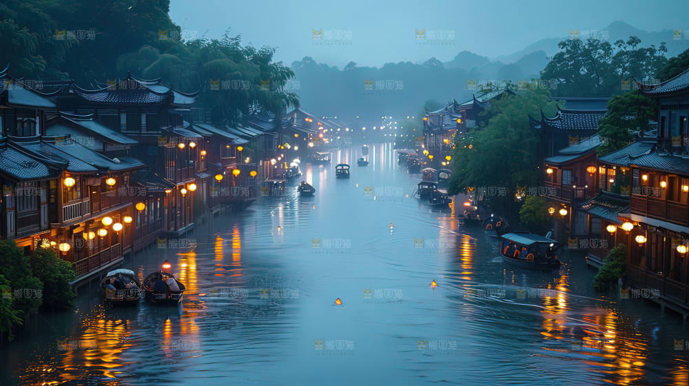 水乡乌篷船建筑江南大美中国宁静静谧