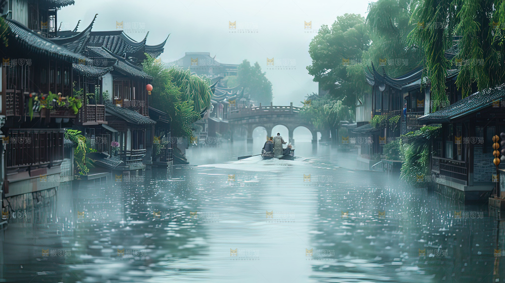 水乡乌篷船建筑江南大美中国宁静静谧