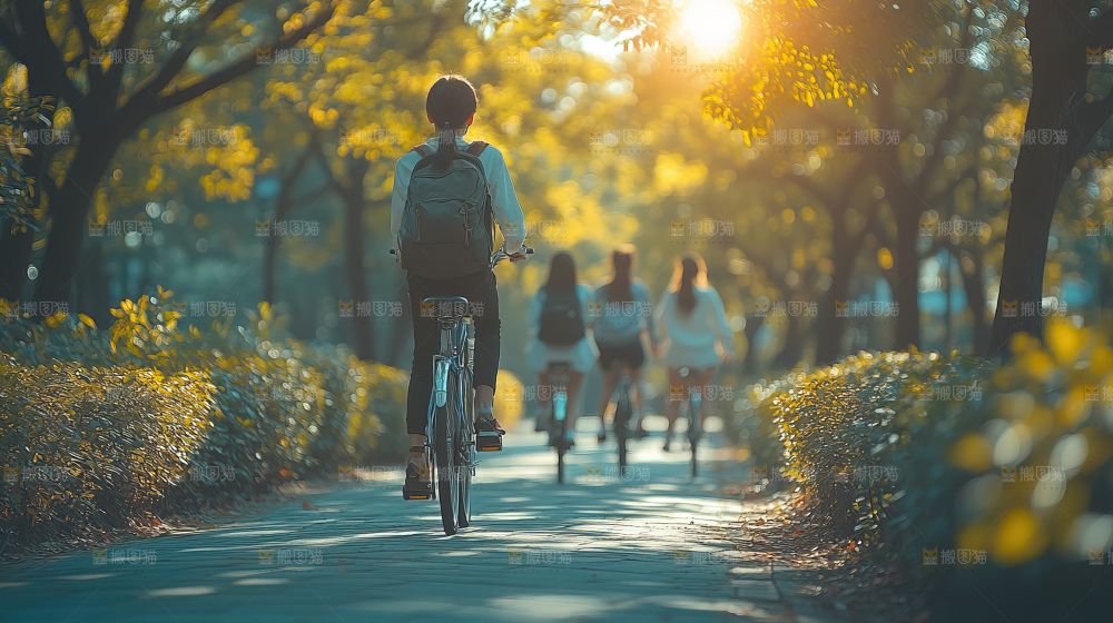 校园林荫小道上的学生