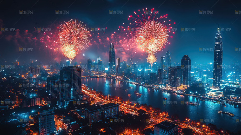 现代城市烟花夜景节日