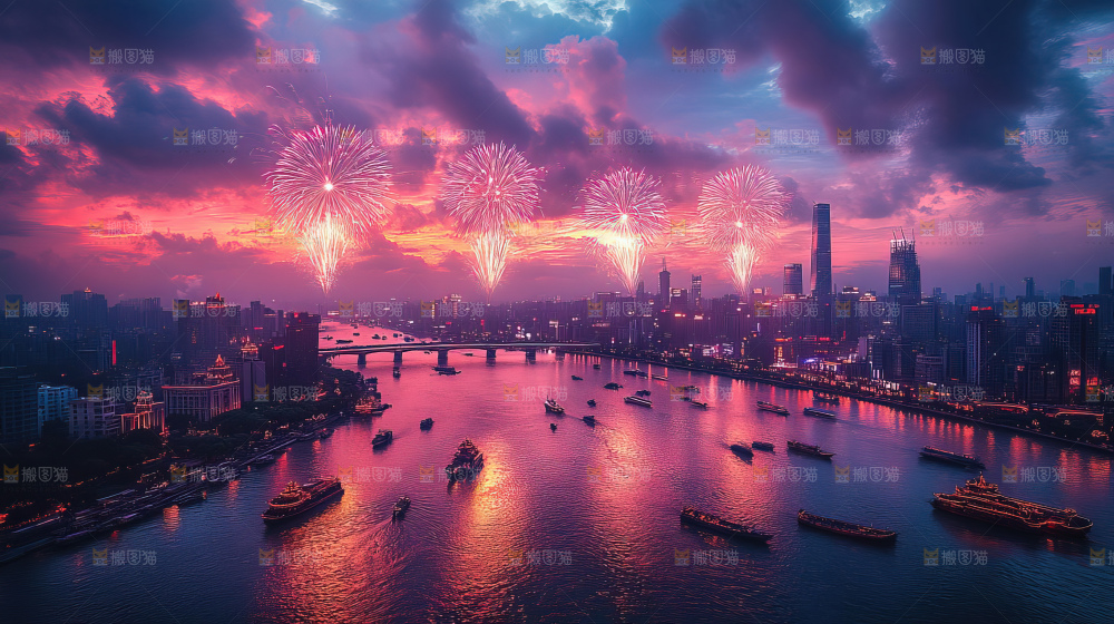 现代城市烟花夜景节日