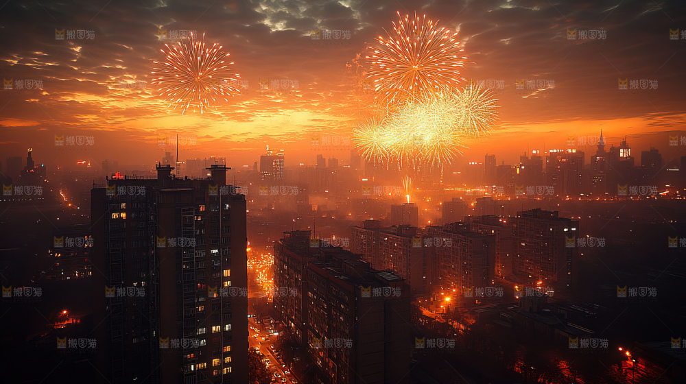 现代城市烟花夜景节日