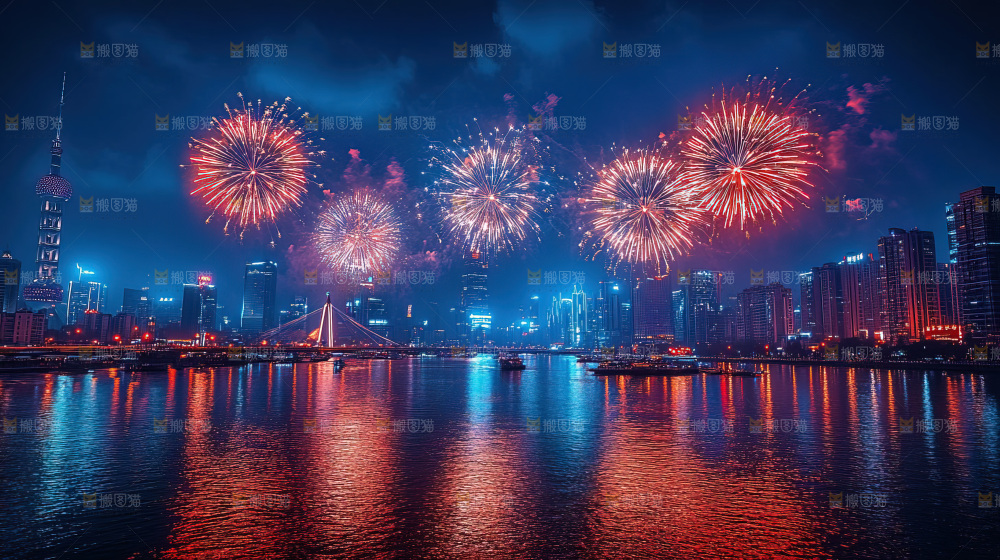 现代城市烟花夜景节日