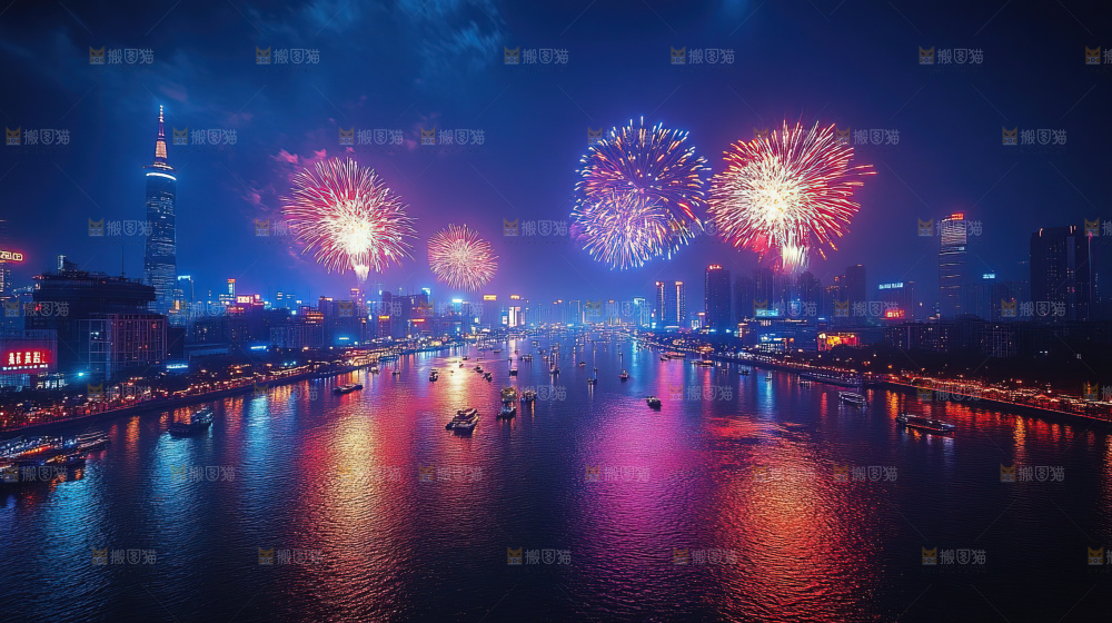 现代城市烟花夜景节日